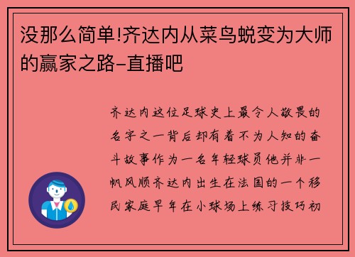 没那么简单!齐达内从菜鸟蜕变为大师的赢家之路-直播吧